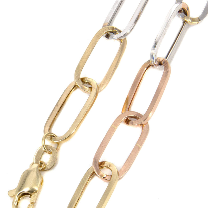 Semi Solid  Tri Color Paper Clip Gold Bracelet 14K