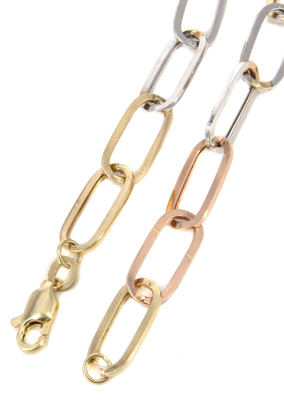 Semi Solid  Tri Color Paper Clip Gold Bracelet 14K