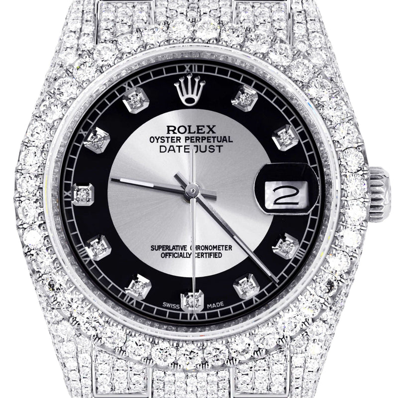 Iced Out Rolex Datejust 36 MM | Stainless Steel | 16.5 Carats of Diamonds | Tuxedo Diamond Dial | Oyster Band | Model 116200