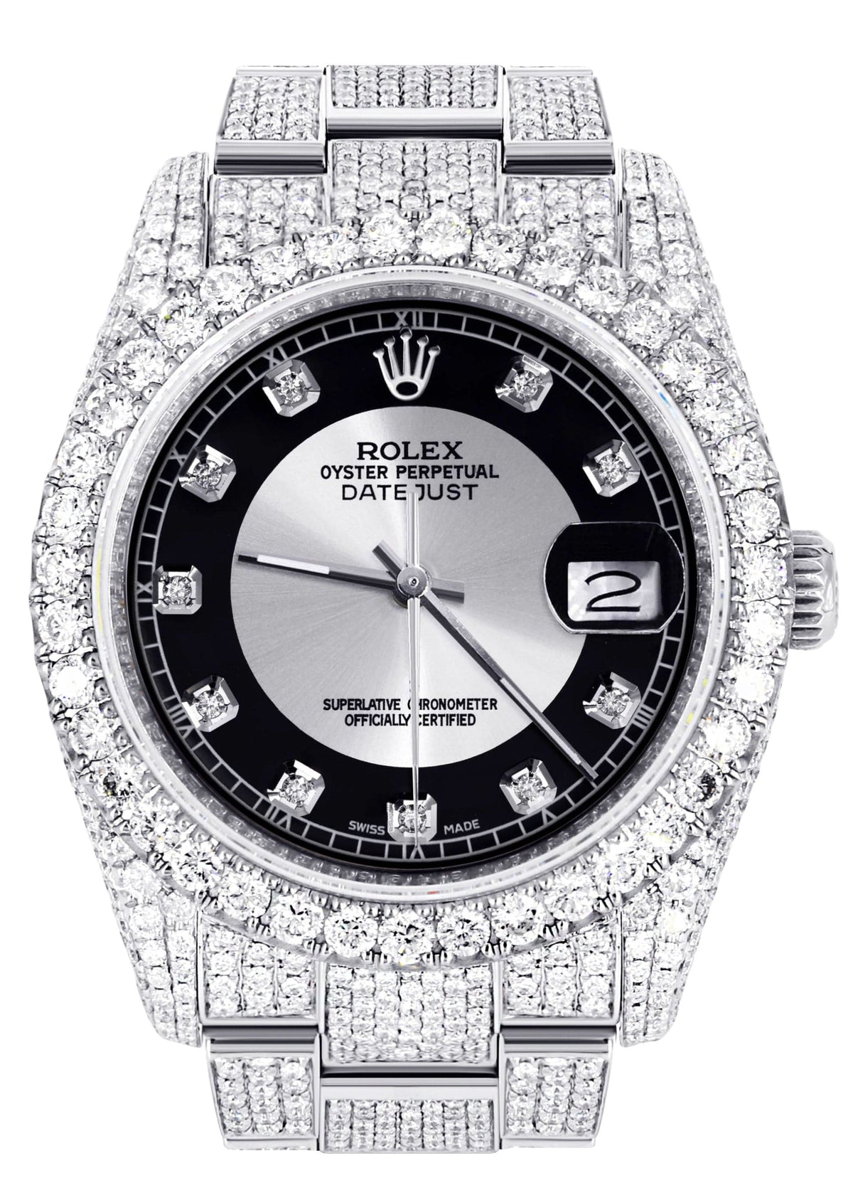 Iced Out Rolex Datejust 36 MM | Stainless Steel | 16.5 Carats of Diamonds | Tuxedo Diamond Dial | Oyster Band | Model 116200