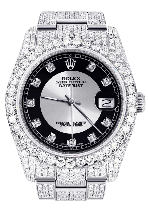 Iced Out Rolex Datejust 36 MM | Stainless Steel | 16.5 Carats of Diamonds | Tuxedo Diamond Dial | Oyster Band | Model 116200