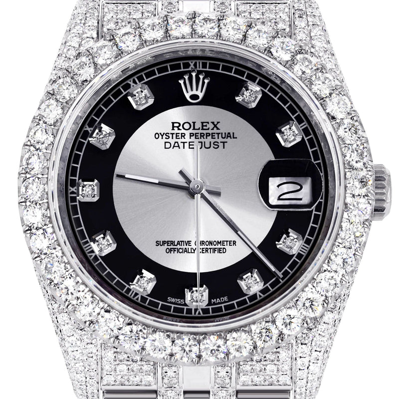 Iced Out Rolex Datejust 36 MM | Stainless Steel | 16.5 Carats of Diamonds | Tuxedo Diamond Dial | Jubilee Band | Model 116200