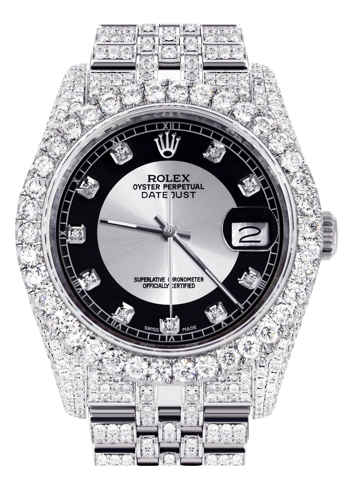 Iced Out Rolex Datejust 36 MM | Stainless Steel | 16.5 Carats of Diamonds | Tuxedo Diamond Dial | Jubilee Band | Model 116200