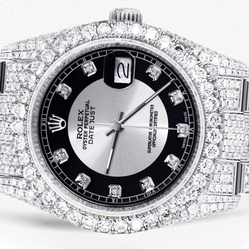 Iced Out Rolex Datejust 36 MM | Stainless Steel | 16.5 Carats of Diamonds | Tuxedo Diamond Dial | Oyster Band | Model 116200