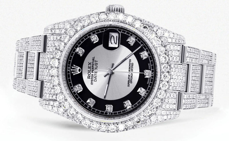 Iced Out Rolex Datejust 36 MM | Stainless Steel | 16.5 Carats of Diamonds | Tuxedo Diamond Dial | Oyster Band | Model 116200