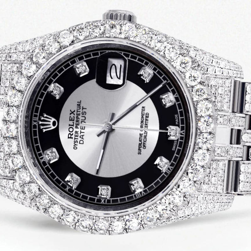 Iced Out Rolex Datejust 36 MM | Stainless Steel | 16.5 Carats of Diamonds | Tuxedo Diamond Dial | Jubilee Band | Model 116200