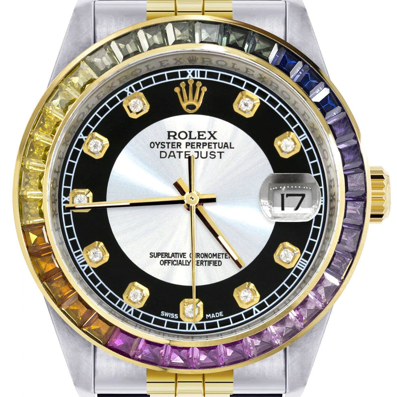 Diamond Gold Rolex Watch For Men 16233 | 36Mm | Rainbow Sapphire Bezel | Tuxedo Dial | Jubilee Band