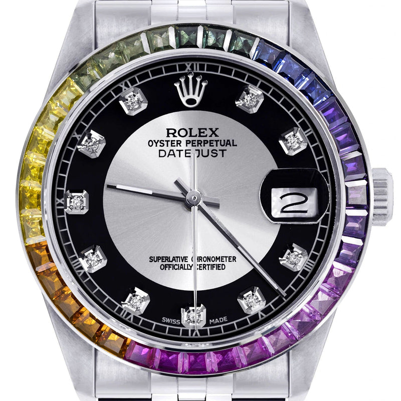 Diamond Gold Rolex Watch For Men 16200 | 36Mm | Rainbow Sapphire Bezel | Tuxedo Dial | Jubilee Band