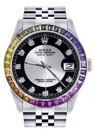 Diamond Gold Rolex Watch For Men 16200 | 36Mm | Rainbow Sapphire Bezel | Tuxedo Dial | Jubilee Band