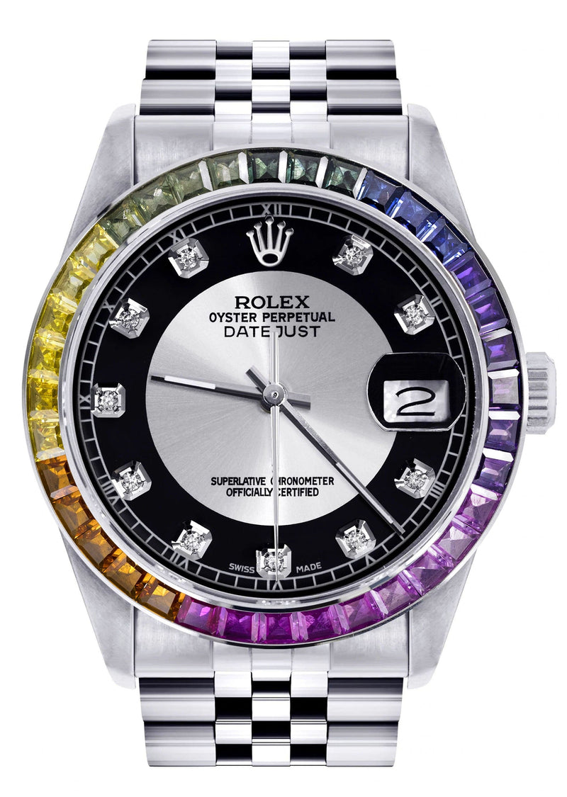 Diamond Gold Rolex Watch For Men 16200 | 36Mm | Rainbow Sapphire Bezel | Tuxedo Dial | Jubilee Band
