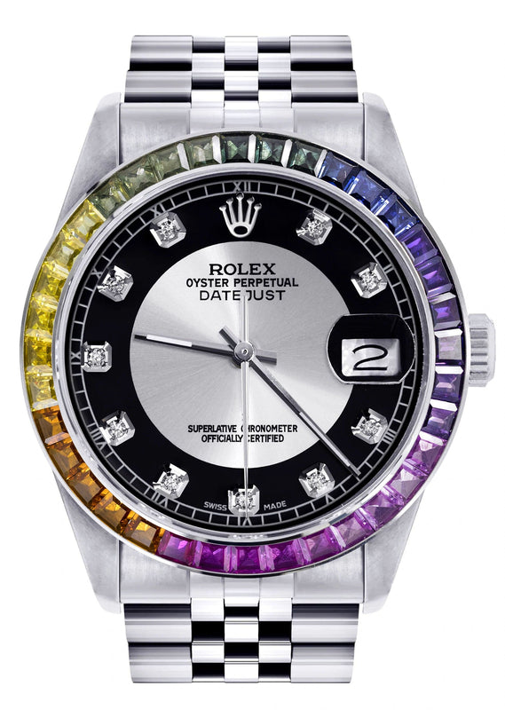 Diamond Gold Rolex Watch For Men 16200 | 36Mm | Rainbow Sapphire Bezel | Tuxedo Dial | Jubilee Band