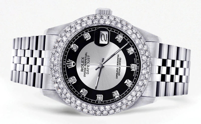 Womens Rolex Datejust Watch 16200 | 36Mm | Tuxedo Dial | Two Row 4.25 Carat Bezel | Jubilee Band