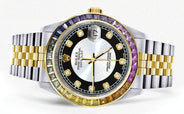 Diamond Gold Rolex Watch For Men 16233 | 36Mm | Rainbow Sapphire Bezel | Tuxedo Dial | Jubilee Band
