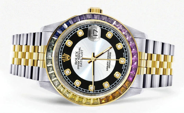 Diamond Gold Rolex Watch For Men 16233 | 36Mm | Rainbow Sapphire Bezel | Tuxedo Dial | Jubilee Band