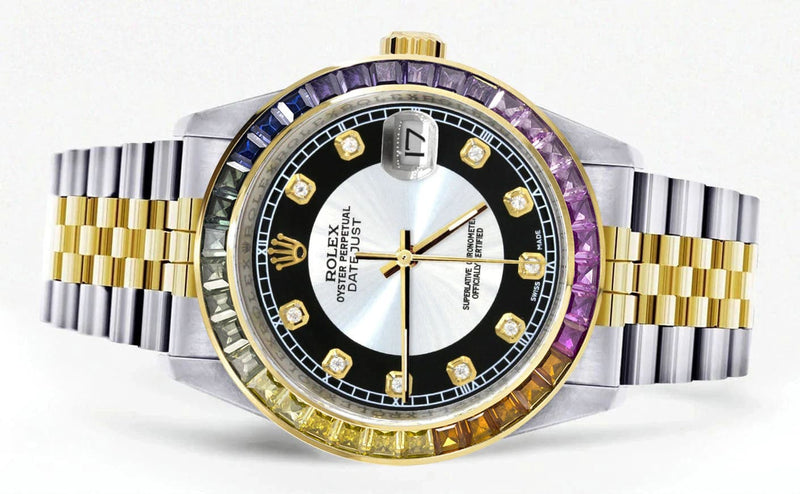 Diamond Gold Rolex Watch For Men 16233 | 36Mm | Rainbow Sapphire Bezel | Tuxedo Dial | Jubilee Band