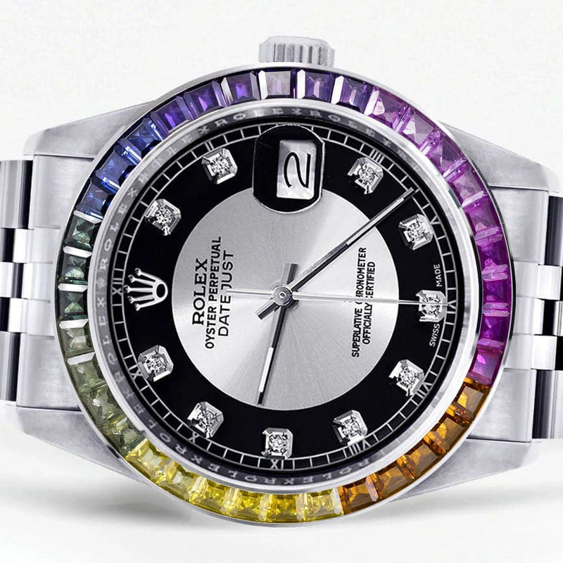 Diamond Gold Rolex Watch For Men 16200 | 36Mm | Rainbow Sapphire Bezel | Tuxedo Dial | Jubilee Band