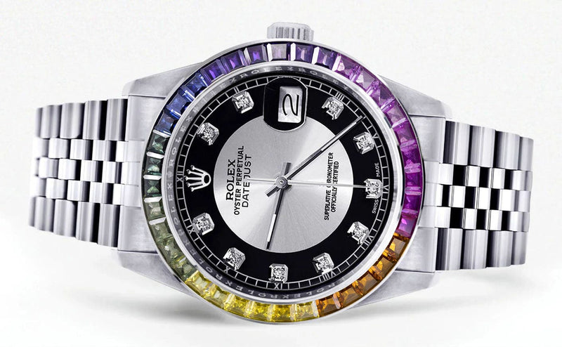 Diamond Gold Rolex Watch For Men 16200 | 36Mm | Rainbow Sapphire Bezel | Tuxedo Dial | Jubilee Band