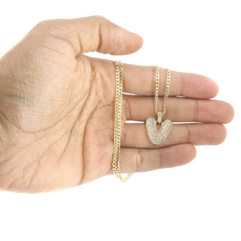 10K Yellow Gold Bubble Letter "V" CZ Necklace | Appx. 4.5 Grams