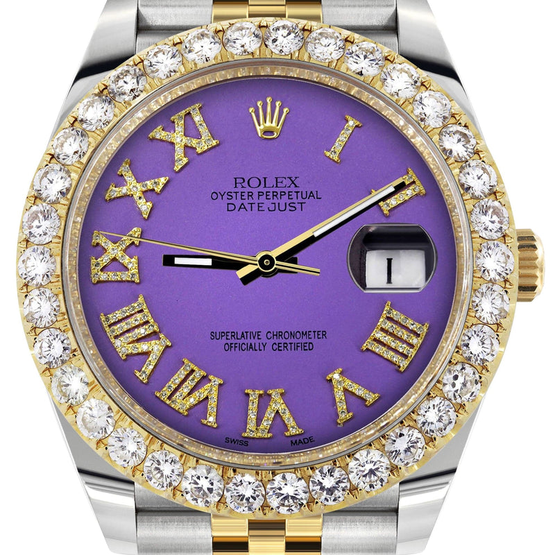 Rolex Datejust 41 Watch | 41 MM | 18K Yellow Gold & Stainless Steel | Custom Violet Roman Dial | Jubilee Band
