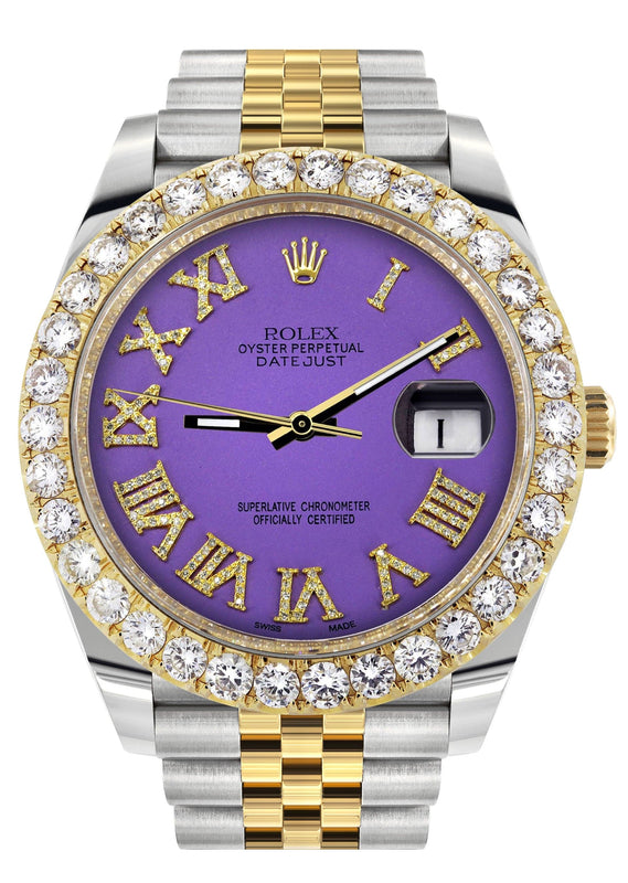 Rolex Datejust 41 Watch | 41 MM | 18K Yellow Gold & Stainless Steel | Custom Violet Roman Dial | Jubilee Band