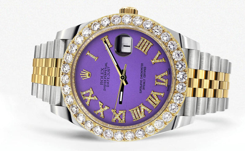 Rolex Datejust 41 Watch | 41 MM | 18K Yellow Gold & Stainless Steel | Custom Violet Roman Dial | Jubilee Band