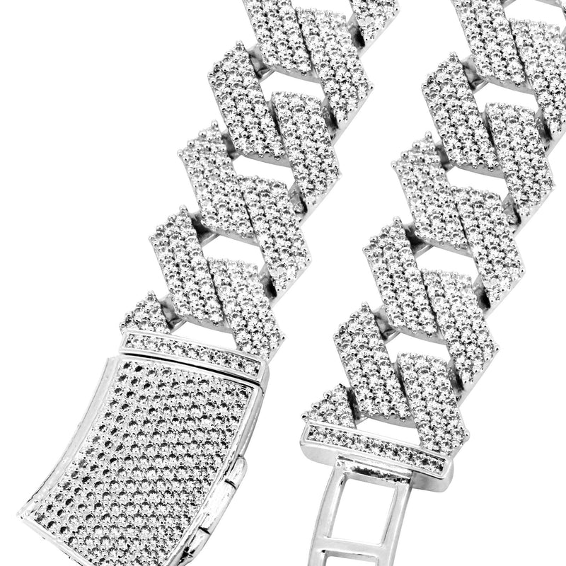 Iced Out White Gold Plated Mens Prong Set Cuban Link Chain