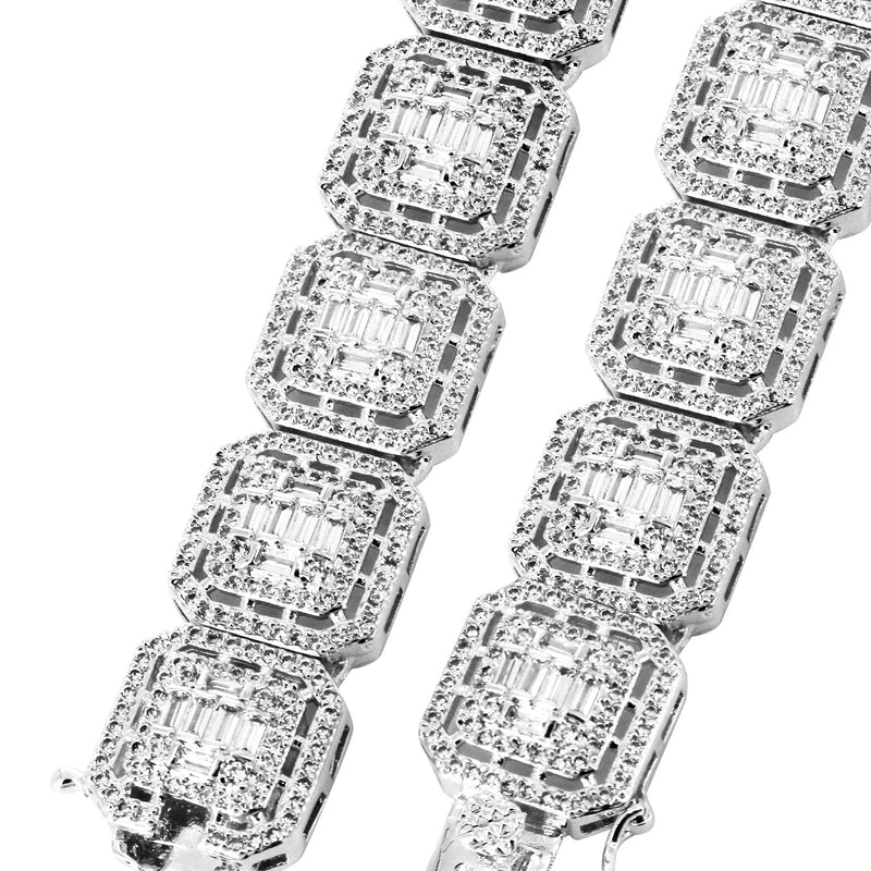 White Gold Plated Iced Out Square Cluster Tennis Chain