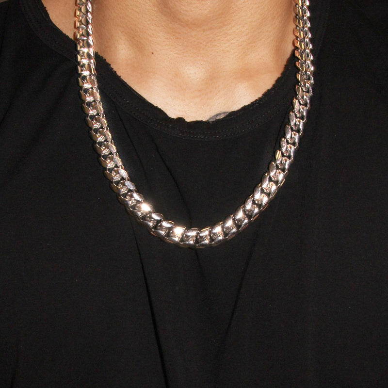 White Gold Plated Mens Solid Miami Cuban Link Chain