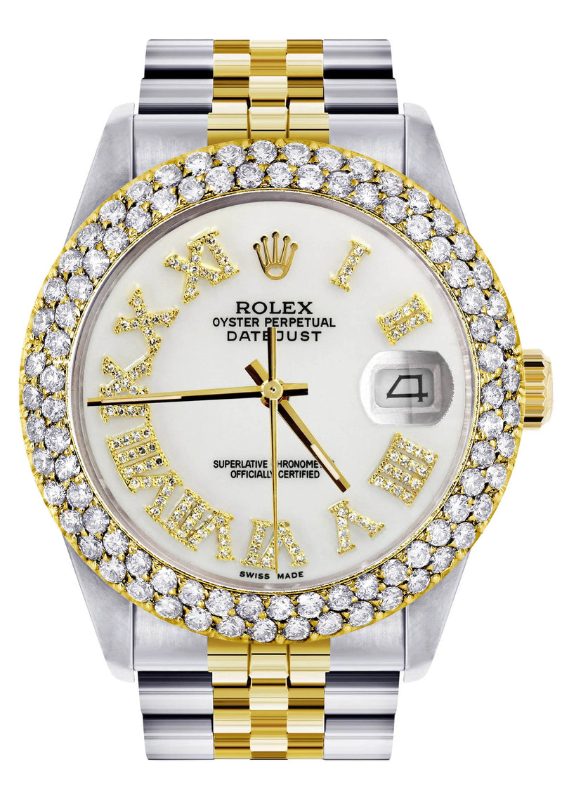 Diamond Gold Rolex Watch For Men 16233 | 36Mm | Diamond White Roman Numeral Dial | Two Row 4.25 Carat Bezel | Jubilee Band