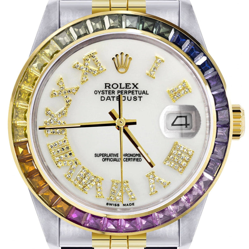 Diamond Gold Rolex Watch For Men 16233 | 36Mm | Rainbow Sapphire Bezel | Diamond White Roman Numeral Dial | Jubilee Band