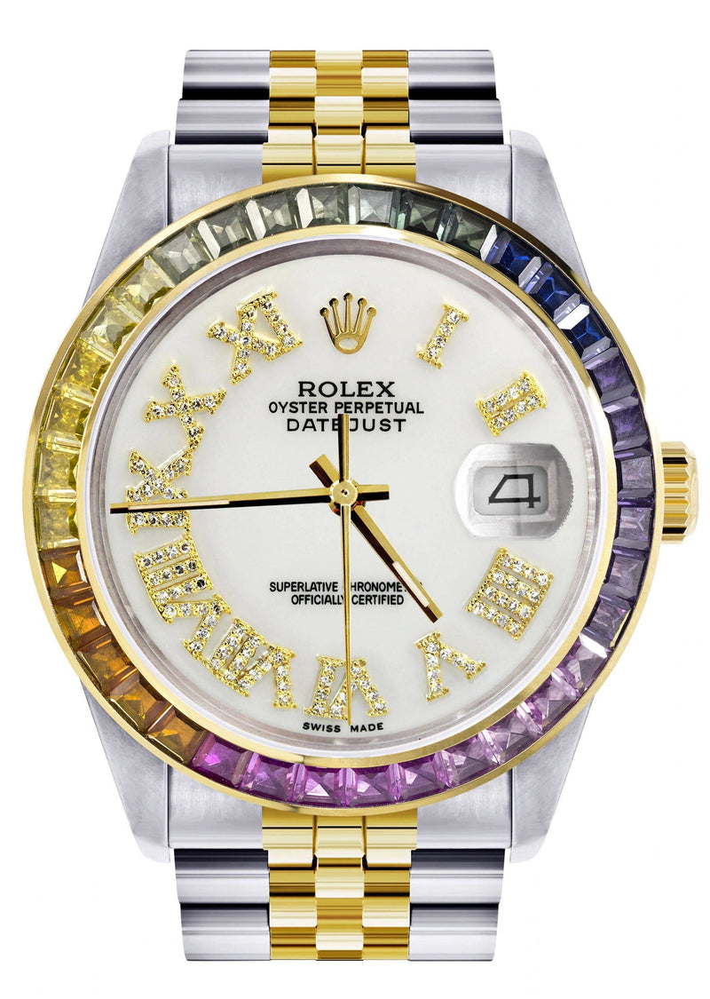 Diamond Gold Rolex Watch For Men 16233 | 36Mm | Rainbow Sapphire Bezel | Diamond White Roman Numeral Dial | Jubilee Band