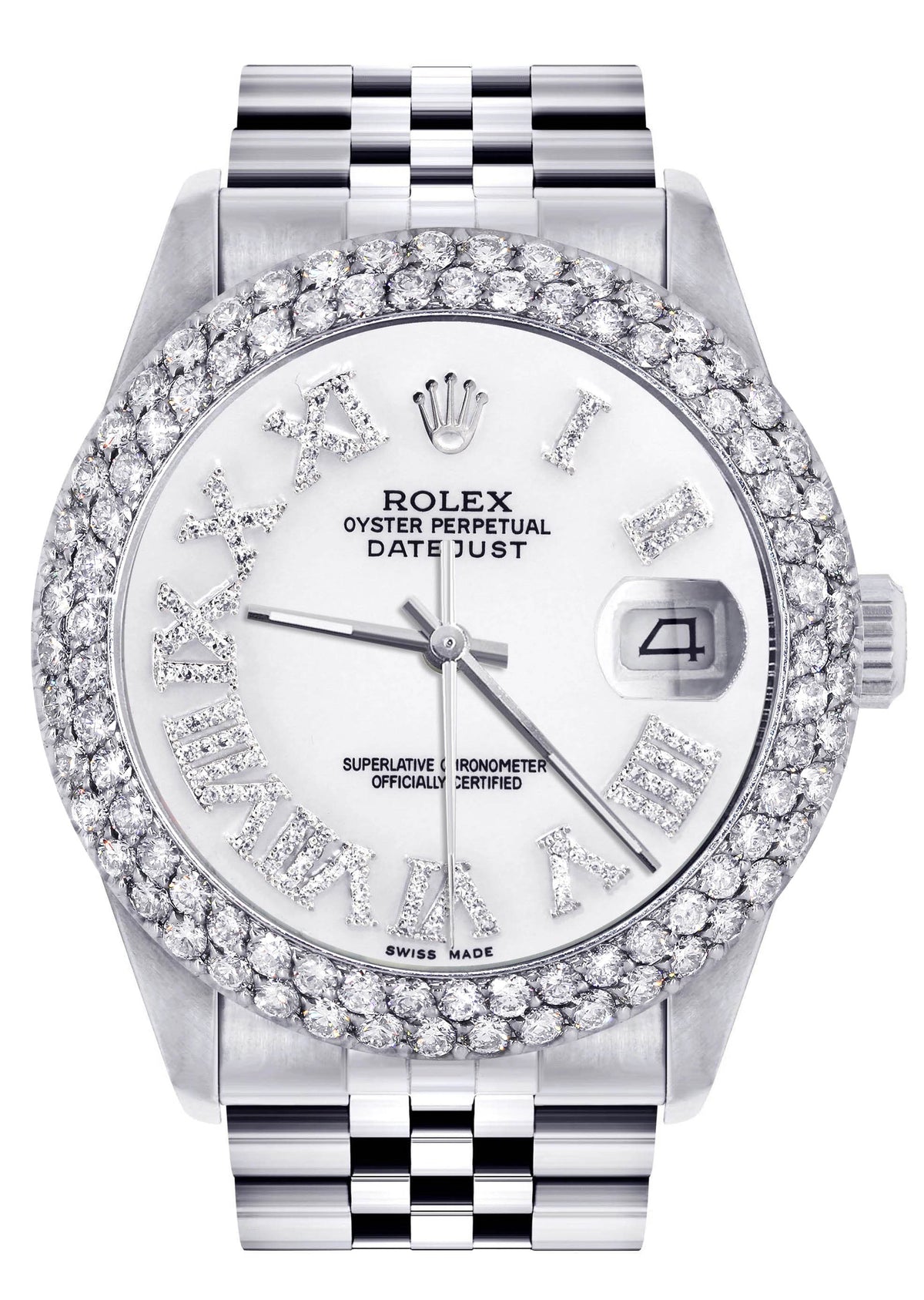 Mens Rolex Datejust Watch 16200 | 36Mm | White Roman Numeral Dial | Two Row 4.25 Carat Bezel | Jubilee Band