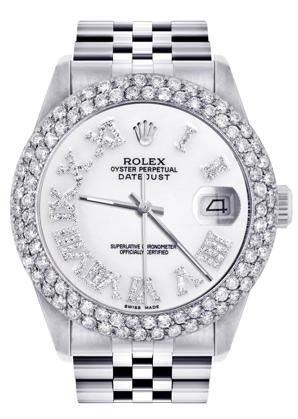 Mens Rolex Datejust Watch 16200 | 36Mm | White Roman Numeral Dial | Two Row 4.25 Carat Bezel | Jubilee Band