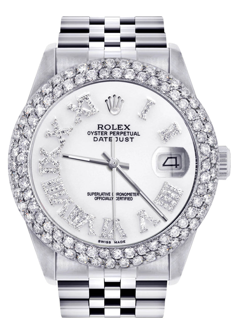 Mens Rolex Datejust Watch 16200 | 36Mm | White Roman Numeral Dial | Two Row 4.25 Carat Bezel | Jubilee Band