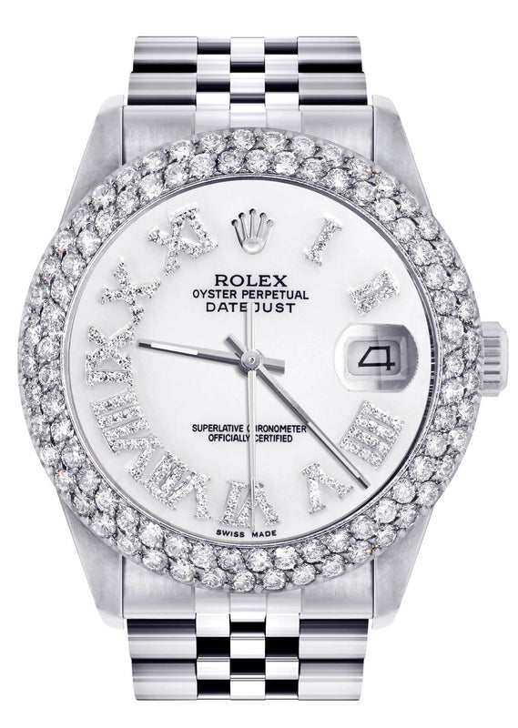 Mens Rolex Datejust Watch 16200 | 36Mm | White Roman Numeral Dial | Two Row 4.25 Carat Bezel | Jubilee Band