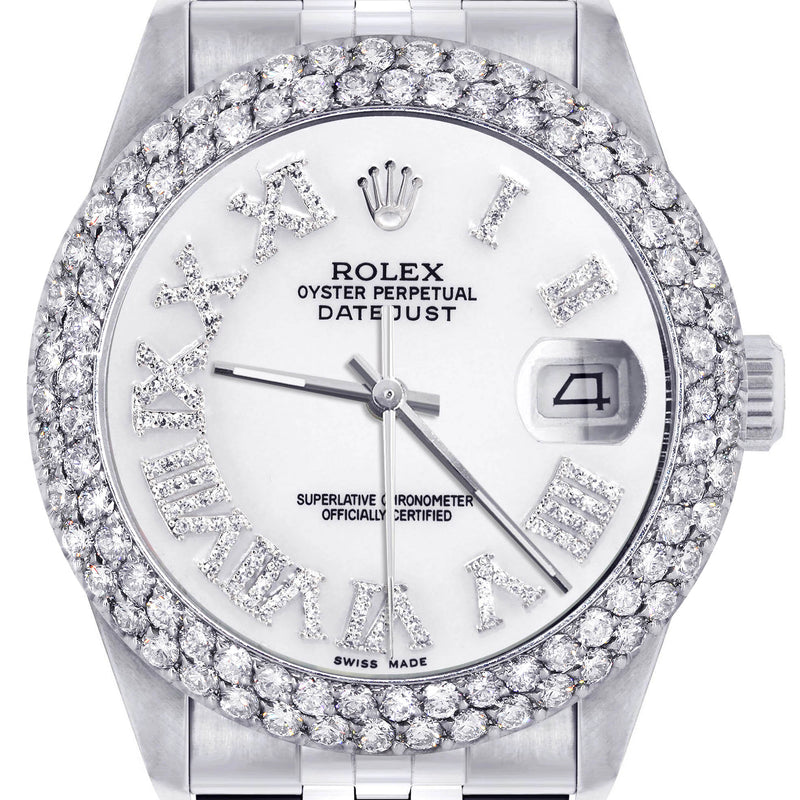 Womens Rolex Datejust Watch 16200 | 36Mm | White Roman Numeral Dial | Two Row 4.25 Carat Bezel | Jubilee Band