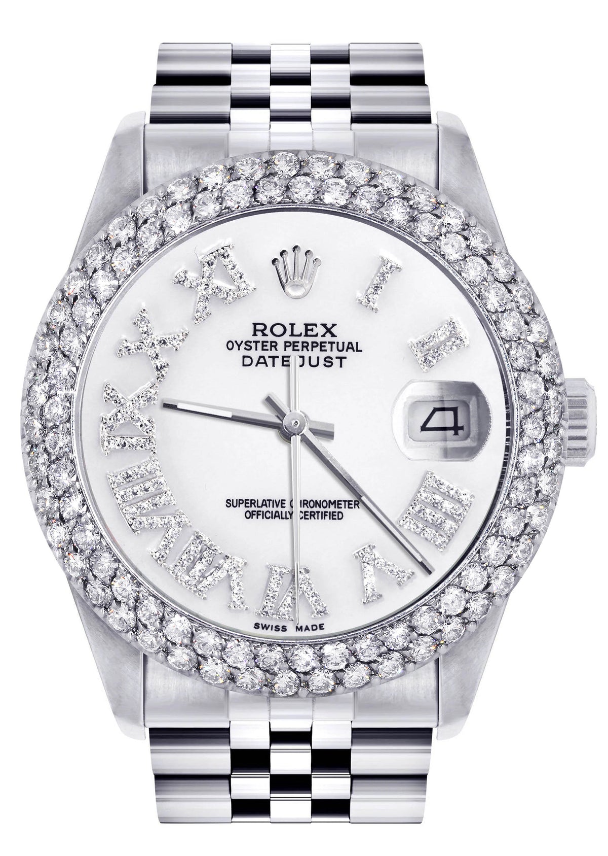 Womens Rolex Datejust Watch 16200 | 36Mm | White Roman Numeral Dial | Two Row 4.25 Carat Bezel | Jubilee Band