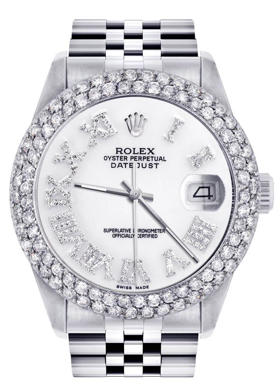 Womens Rolex Datejust Watch 16200 | 36Mm | White Roman Numeral Dial | Two Row 4.25 Carat Bezel | Jubilee Band
