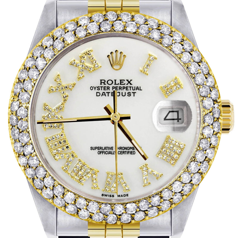 Diamond Gold Rolex Watch For Women 16233 | 36Mm | Diamond White Roman Numeral Dial | Two Row 4.25 Carat Bezel | Jubilee Band