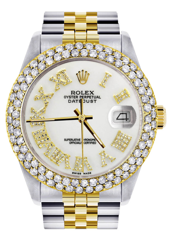 Diamond Gold Rolex Watch For Women 16233 | 36Mm | Diamond White Roman Numeral Dial | Two Row 4.25 Carat Bezel | Jubilee Band