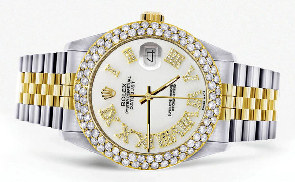 Diamond Gold Rolex Watch For Men 16233 | 36Mm | Diamond White Roman Numeral Dial | Two Row 4.25 Carat Bezel | Jubilee Band