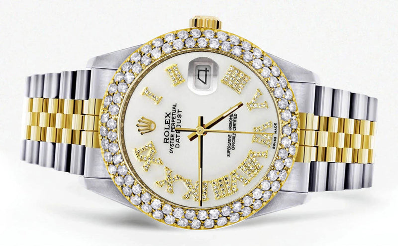 Diamond Gold Rolex Watch For Men 16233 | 36Mm | Diamond White Roman Numeral Dial | Two Row 4.25 Carat Bezel | Jubilee Band