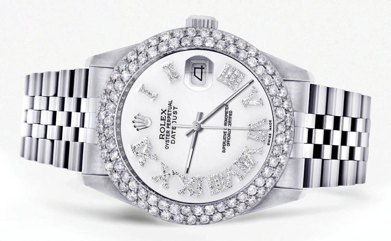 Mens Rolex Datejust Watch 16200 | 36Mm | White Roman Numeral Dial | Two Row 4.25 Carat Bezel | Jubilee Band