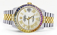 Diamond Gold Rolex Watch For Men 16233 | 36Mm | Rainbow Sapphire Bezel | Diamond White Roman Numeral Dial | Jubilee Band