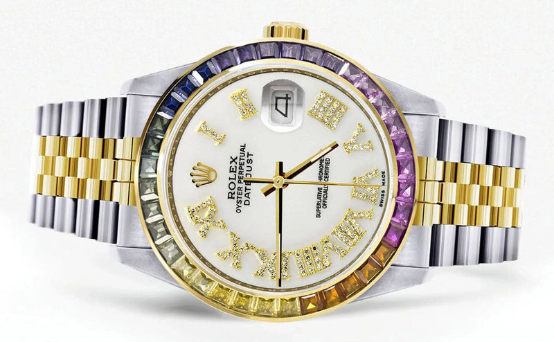 Diamond Gold Rolex Watch For Men 16233 | 36Mm | Rainbow Sapphire Bezel | Diamond White Roman Numeral Dial | Jubilee Band