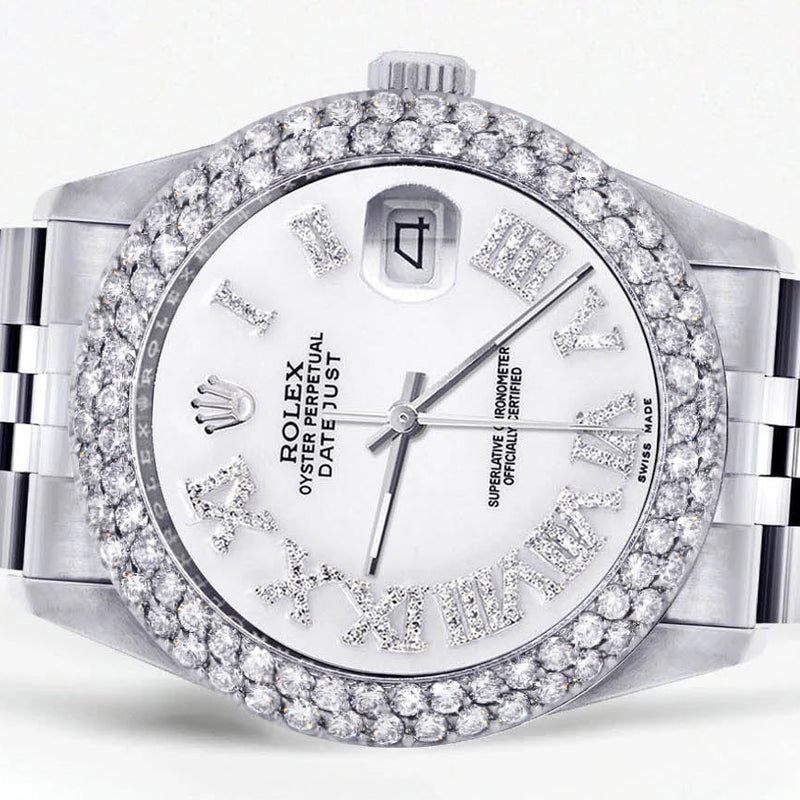 Womens Rolex Datejust Watch 16200 | 36Mm | White Roman Numeral Dial | Two Row 4.25 Carat Bezel | Jubilee Band