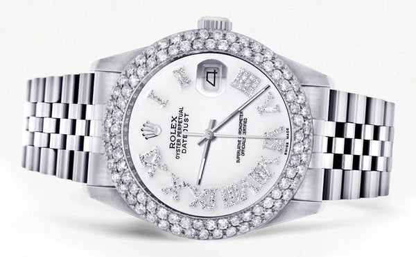 Womens Rolex Datejust Watch 16200 | 36Mm | White Roman Numeral Dial | Two Row 4.25 Carat Bezel | Jubilee Band