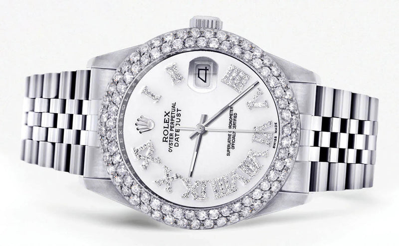 Womens Rolex Datejust Watch 16200 | 36Mm | White Roman Numeral Dial | Two Row 4.25 Carat Bezel | Jubilee Band