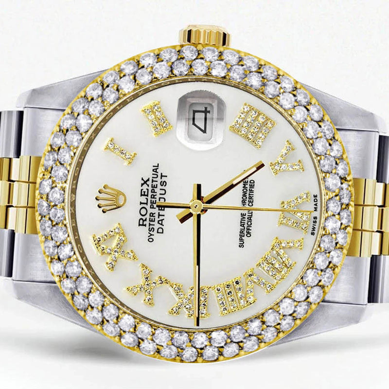 Diamond Gold Rolex Watch For Women 16233 | 36Mm | Diamond White Roman Numeral Dial | Two Row 4.25 Carat Bezel | Jubilee Band