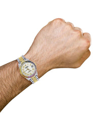 Diamond Gold Rolex Watch For Men 16233 | 36Mm | Rainbow Sapphire Bezel | Diamond White Roman Numeral Dial | Jubilee Band